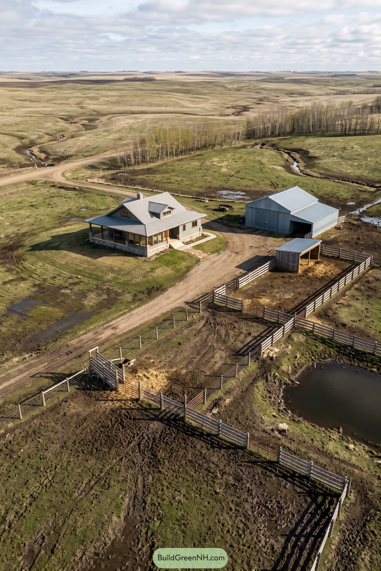 Aerial view of a prairie ranch with house barn corrals and creek