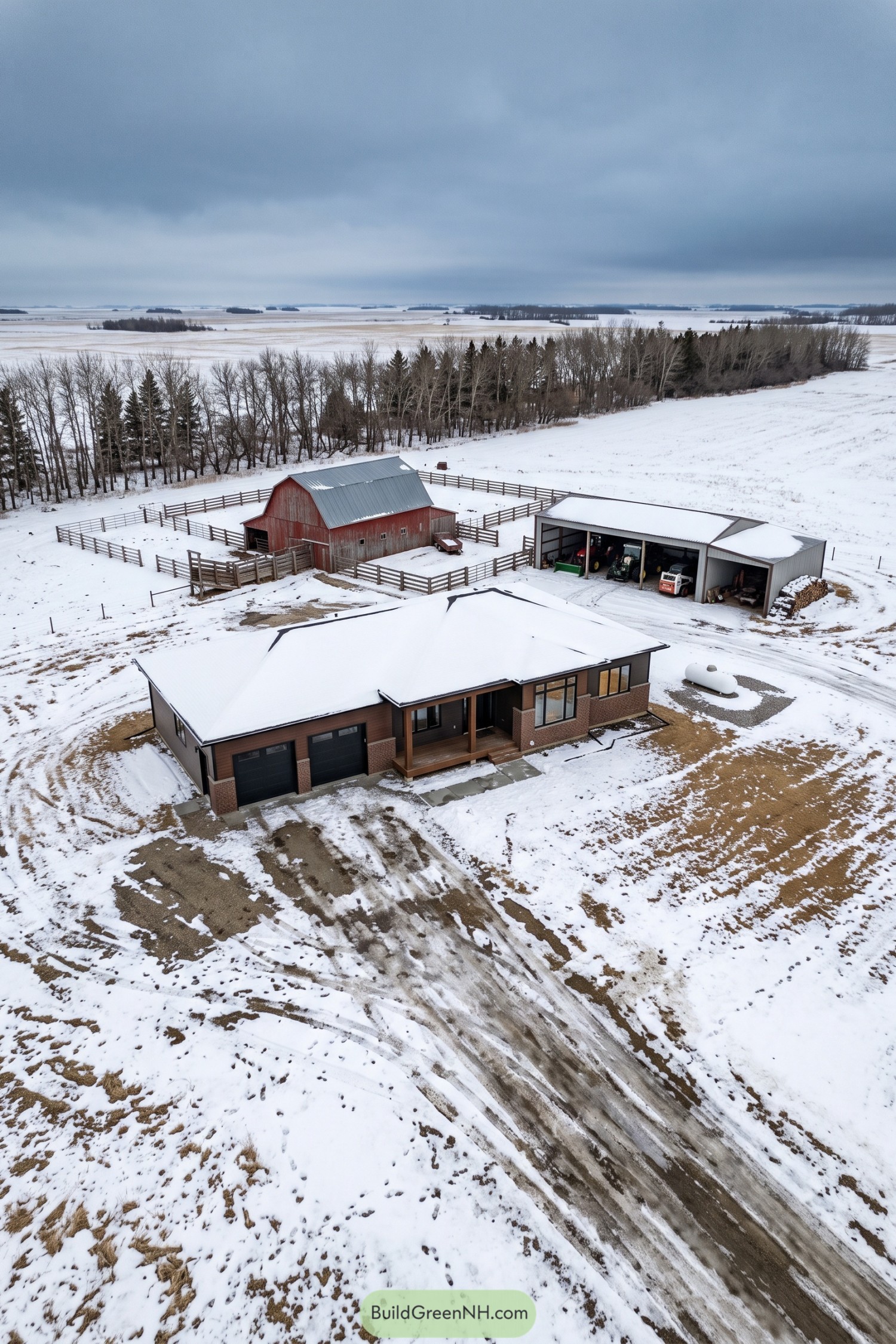 Modern ranch home with barn and equipment shed in snowy fields