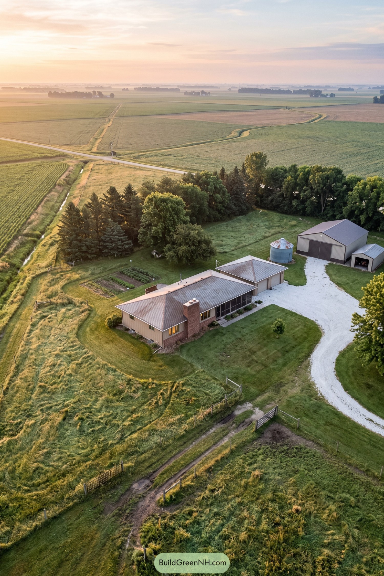 Aerial view of farmhouse barn and grain bin beside crop fields