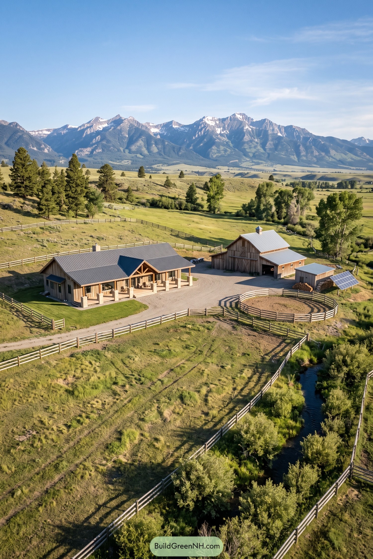Timber homestead with barn creek and fenced paddocks beneath mountains