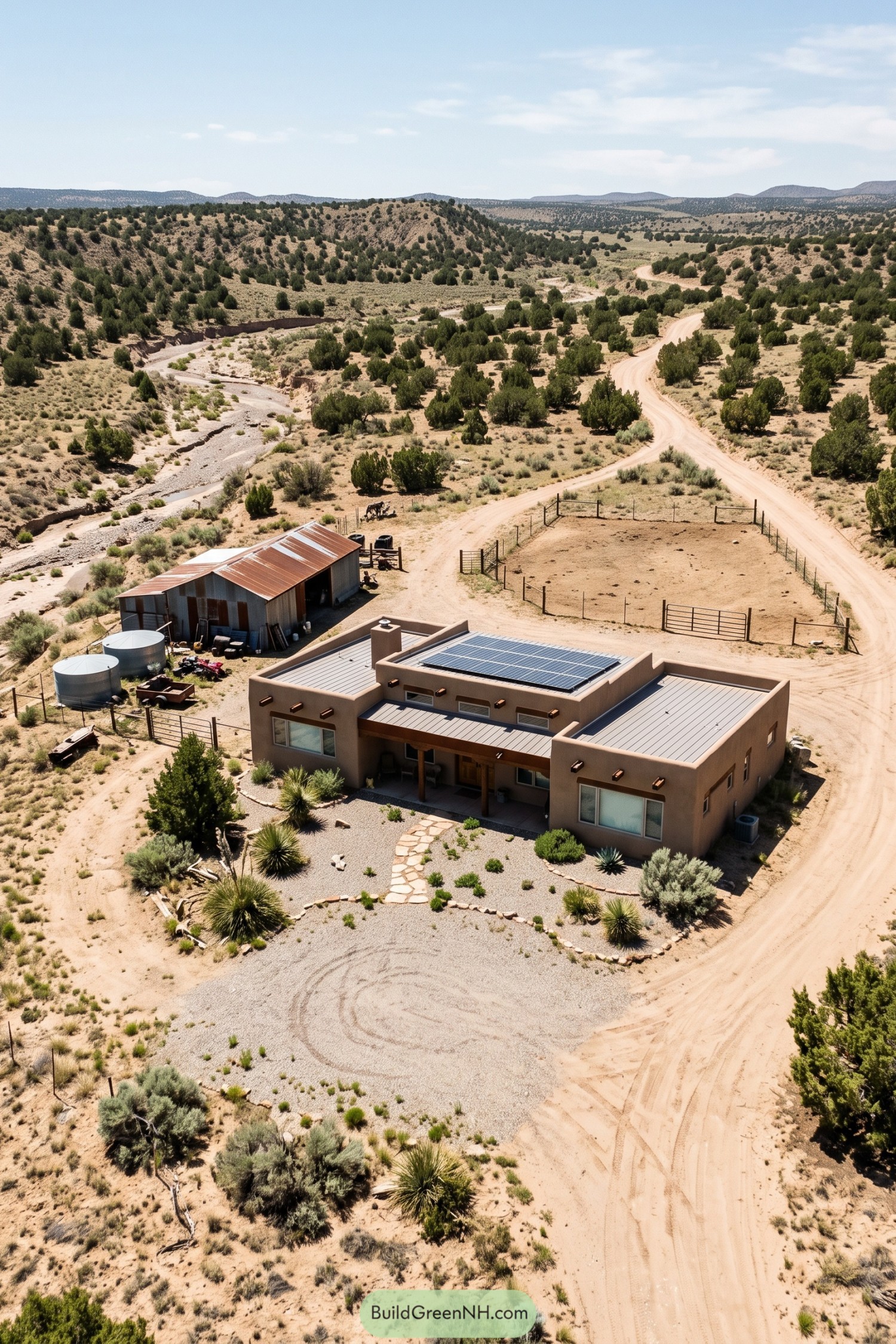 Adobe ranch home with solar roof beside corral and barn