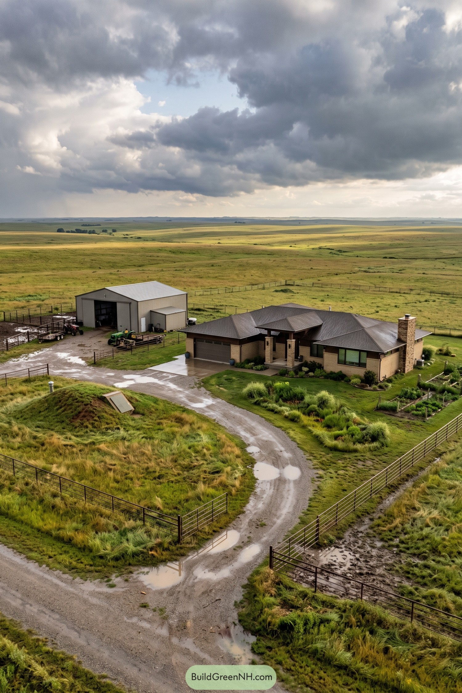 Brick ranch home with barn and fenced pasture