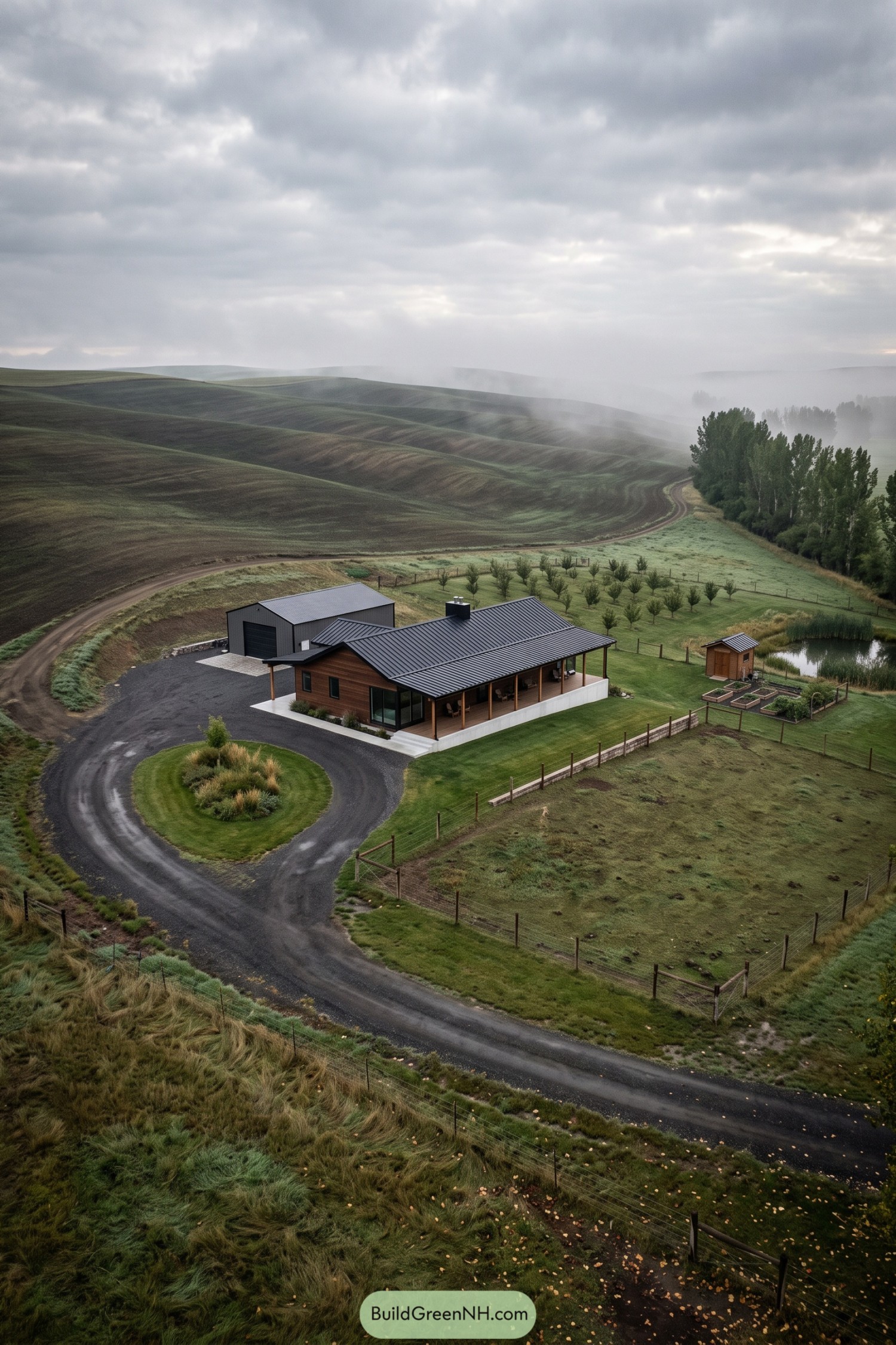 Modern wood-clad ranch with barn orchard pond and fenced fields