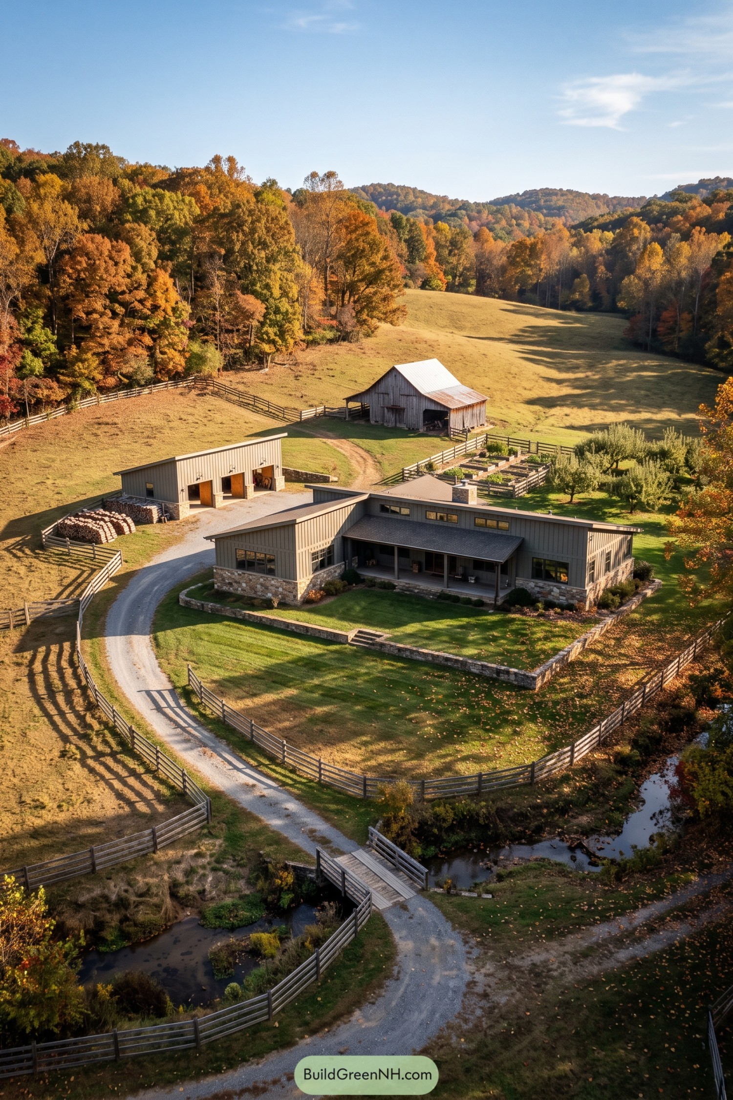 Modern farmhouse and barns beside a wooded creek