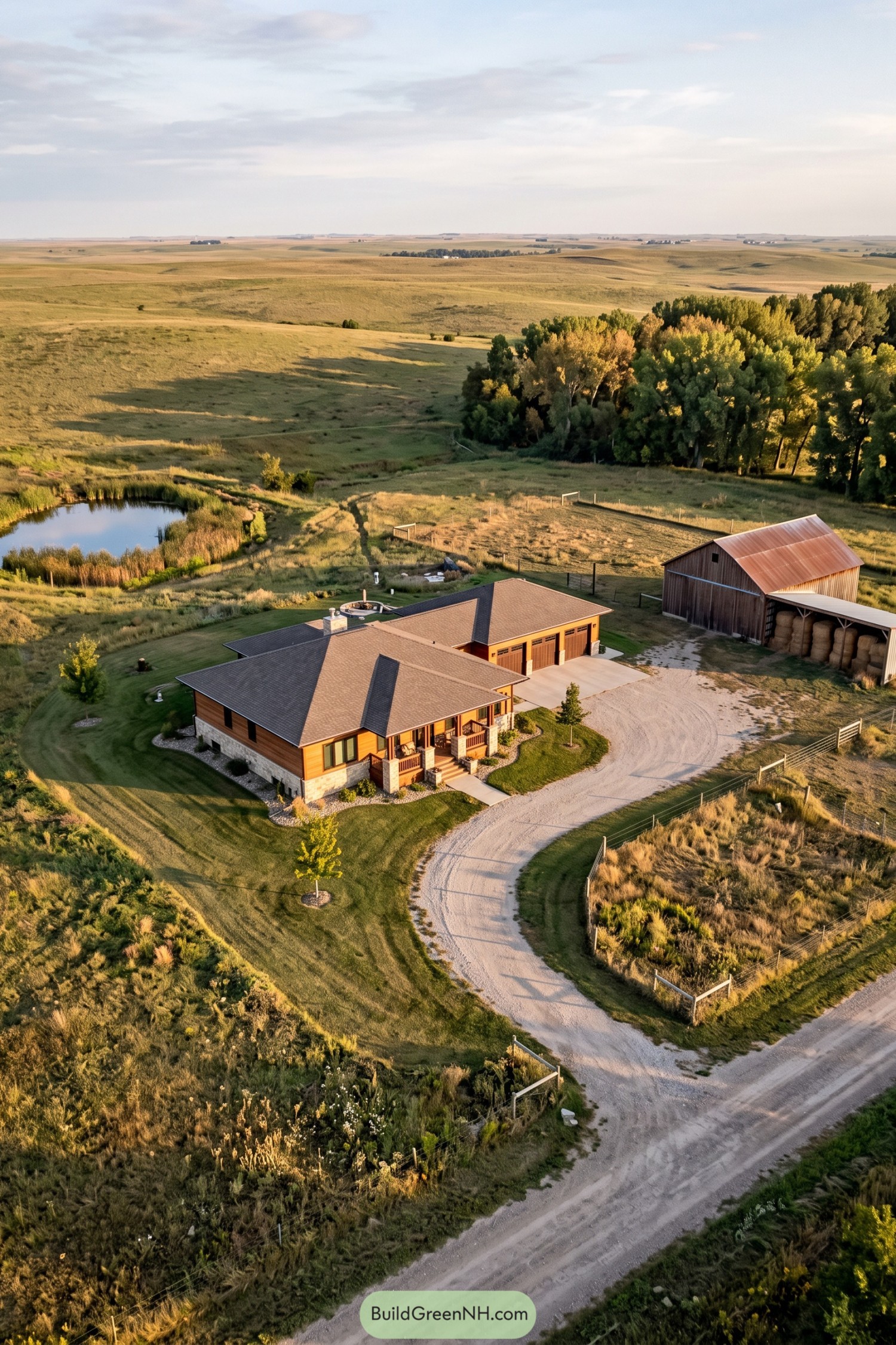 Aerial view of a ranch home with barn pond and fenced pasture