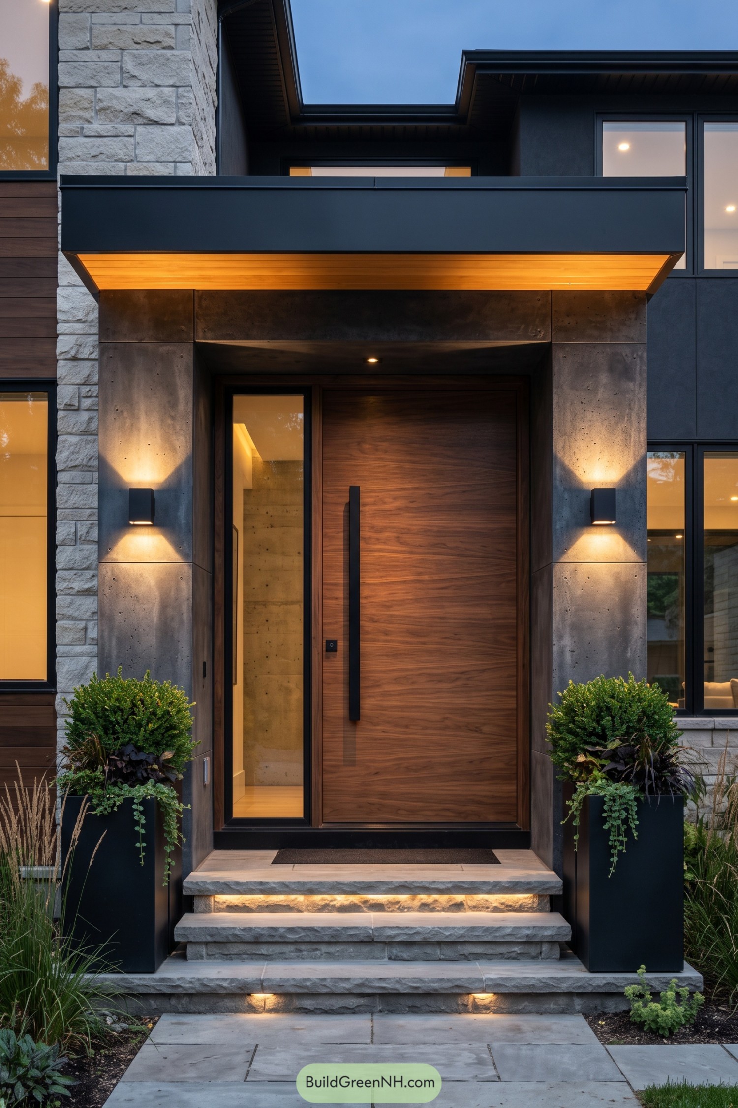 Walnut front door with concrete surround and slim sidelight