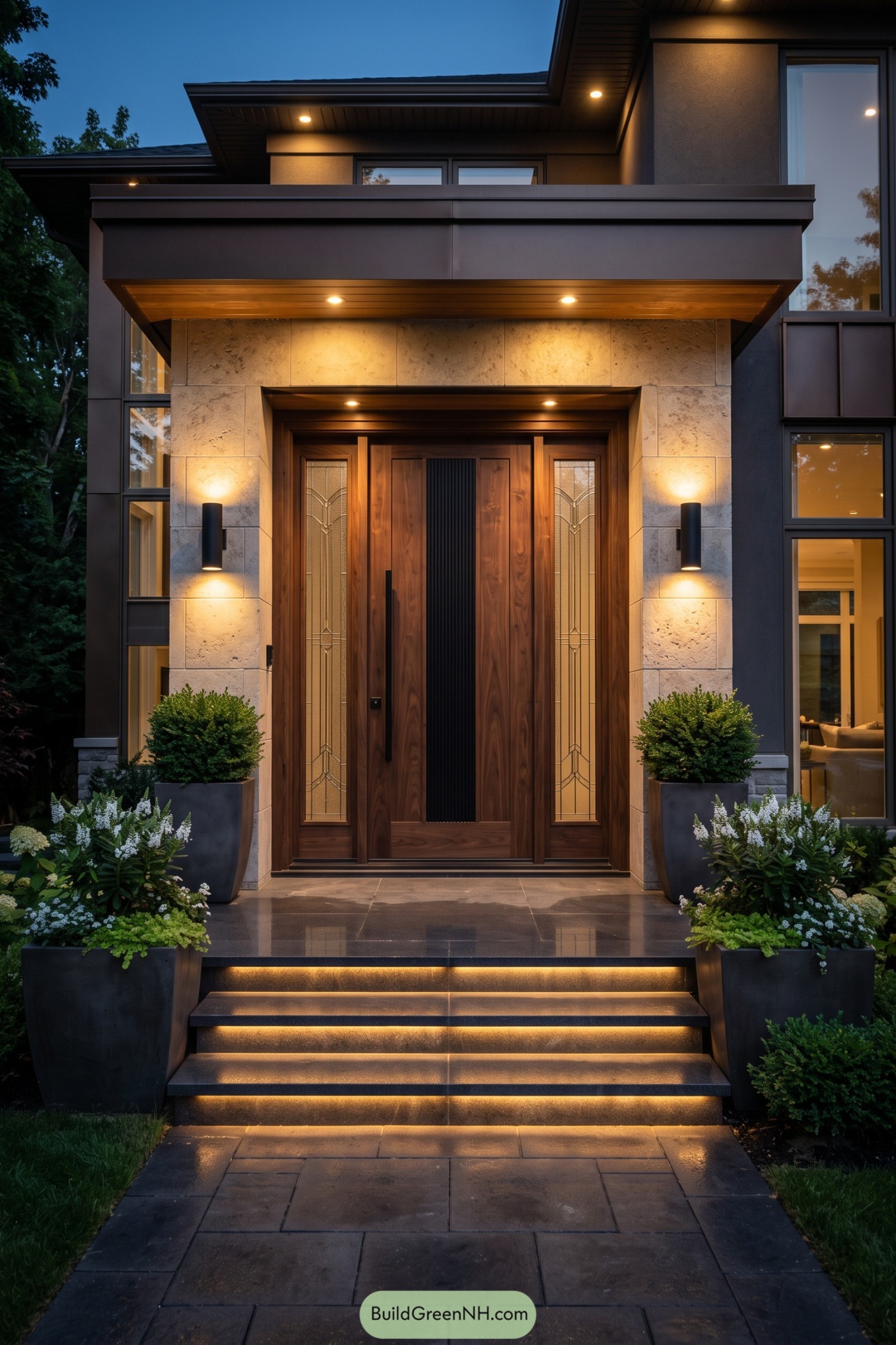 Walnut front door with decorative glass sidelights and stone surround