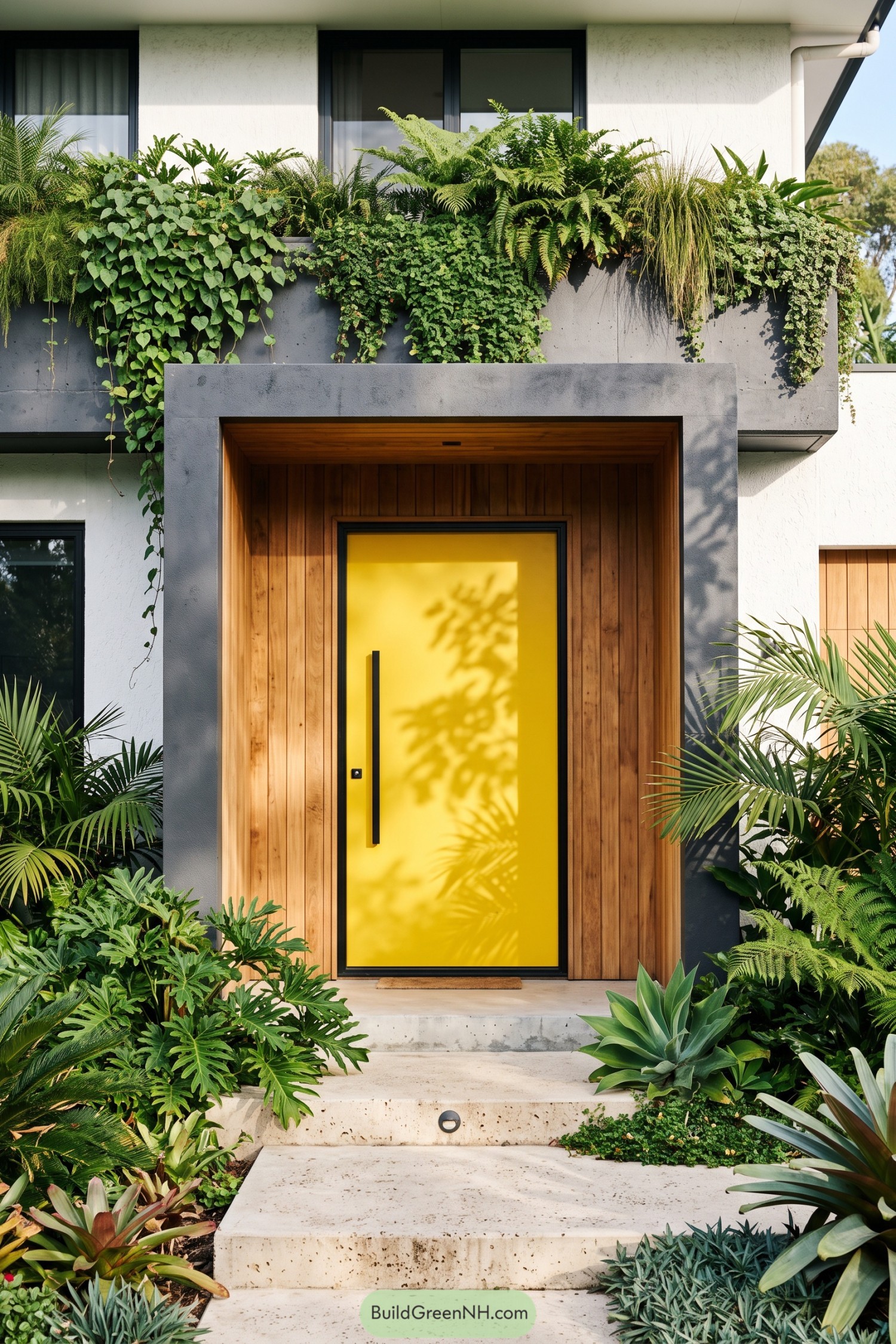 Bright yellow front door set within timber cladding and lush tropical planting