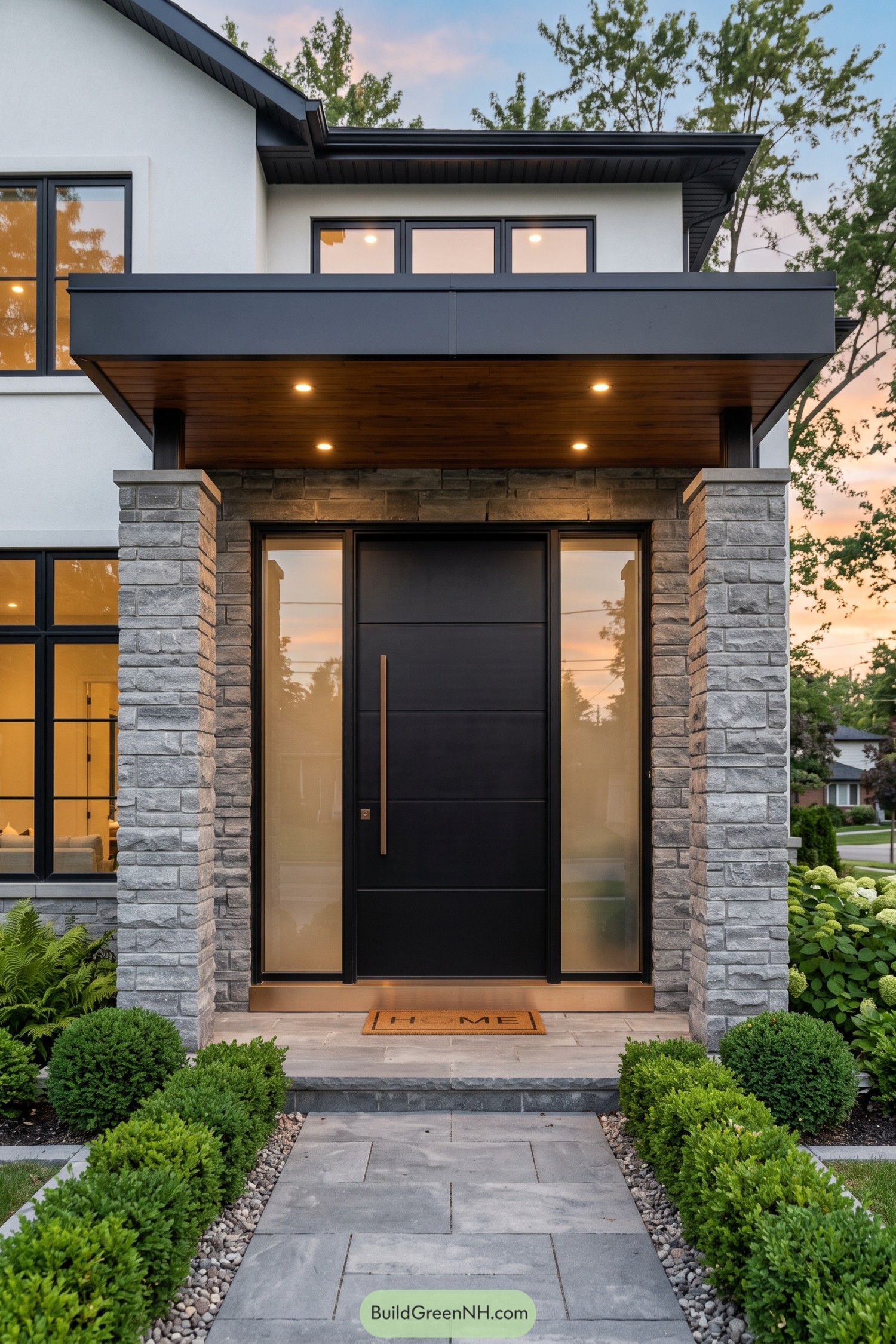 Black paneled entry door framed by stone columns and glazed sidelights