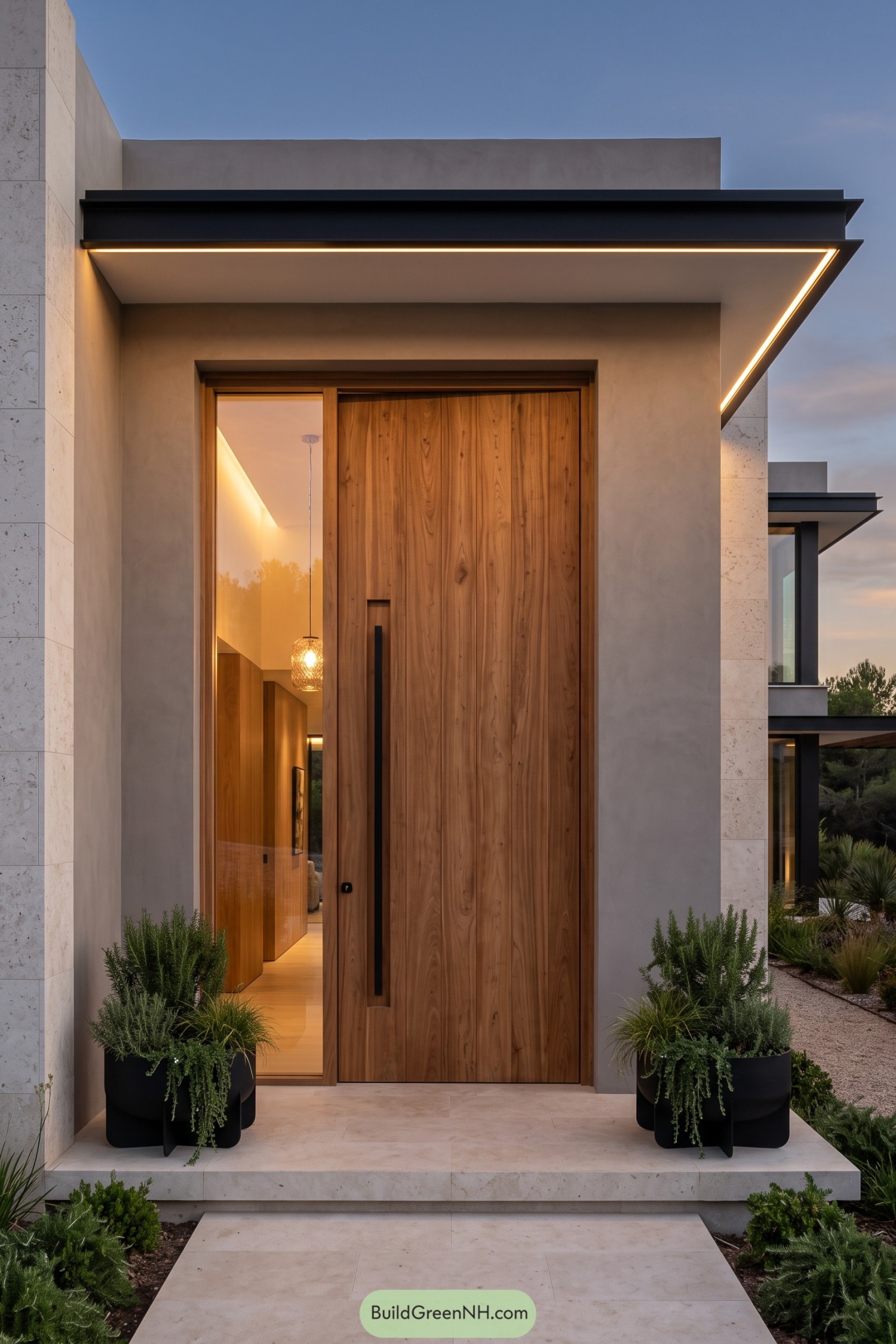 Tall cedar entry door with glass sidelight and illuminated black canopy