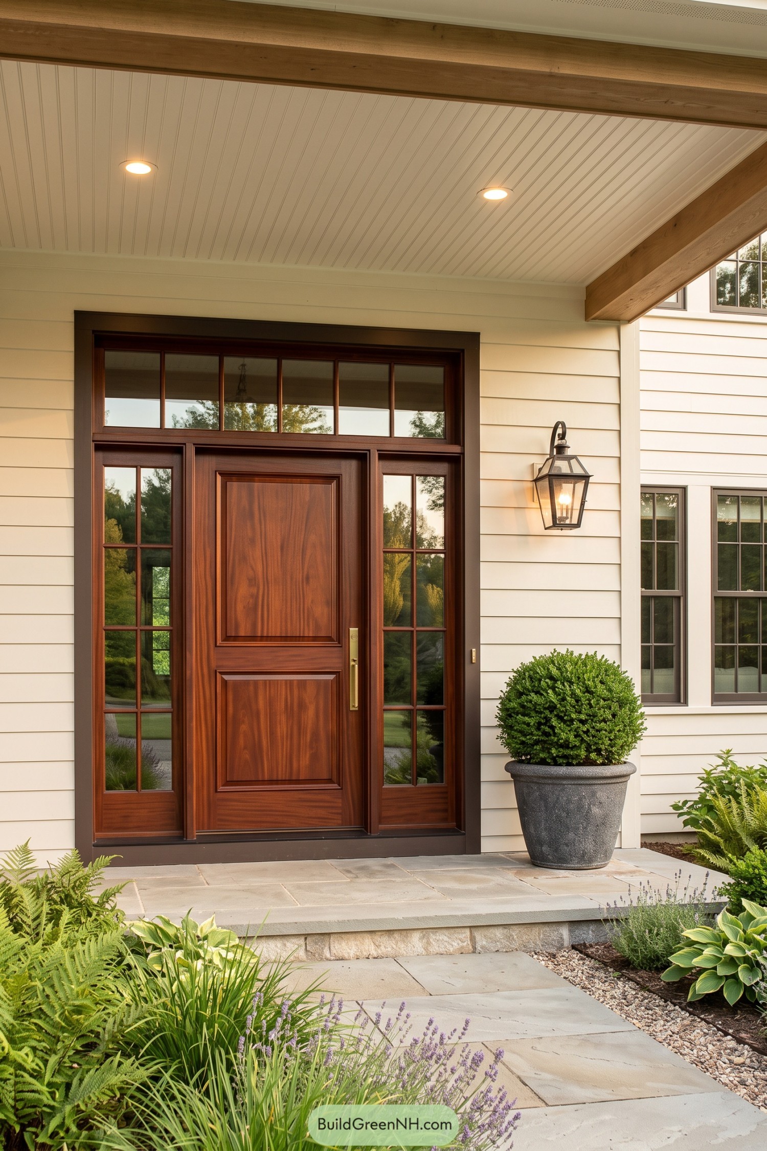 Mahogany front door with glass sidelights and transom