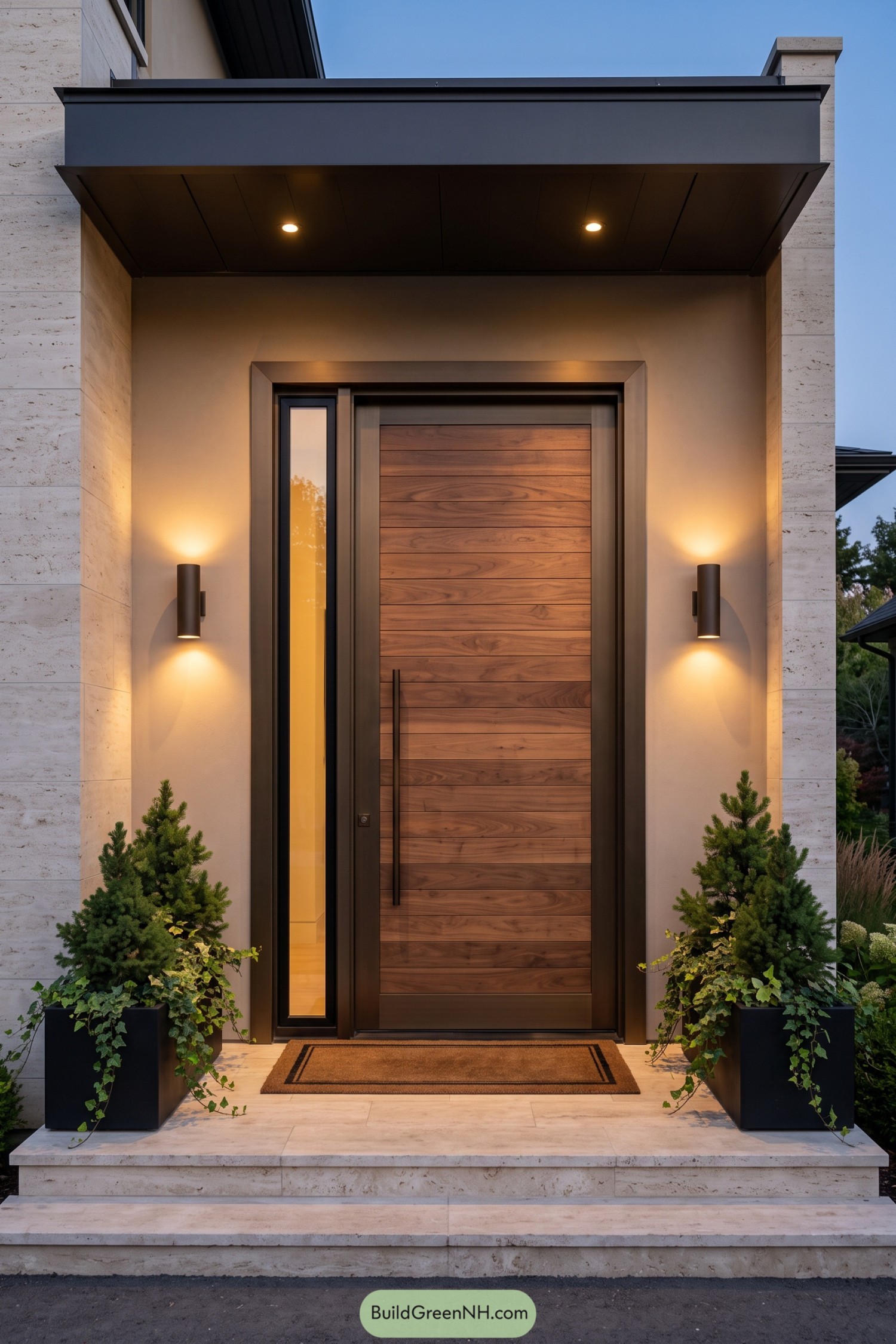 Walnut plank entry with narrow glass sidelight and dark canopy