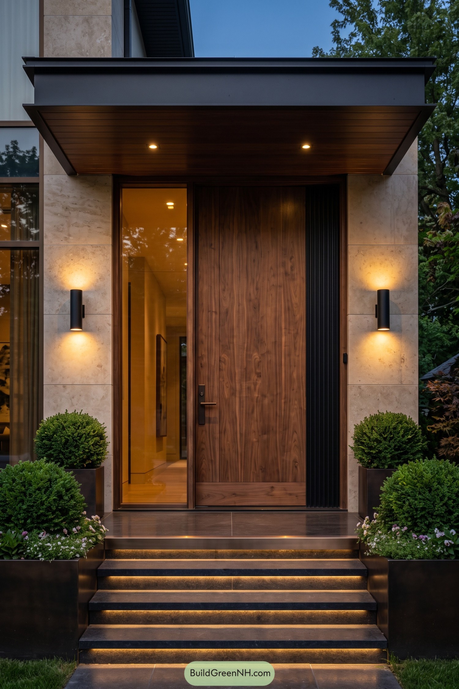 Modern walnut entry door with glass sidelight and stone cladding