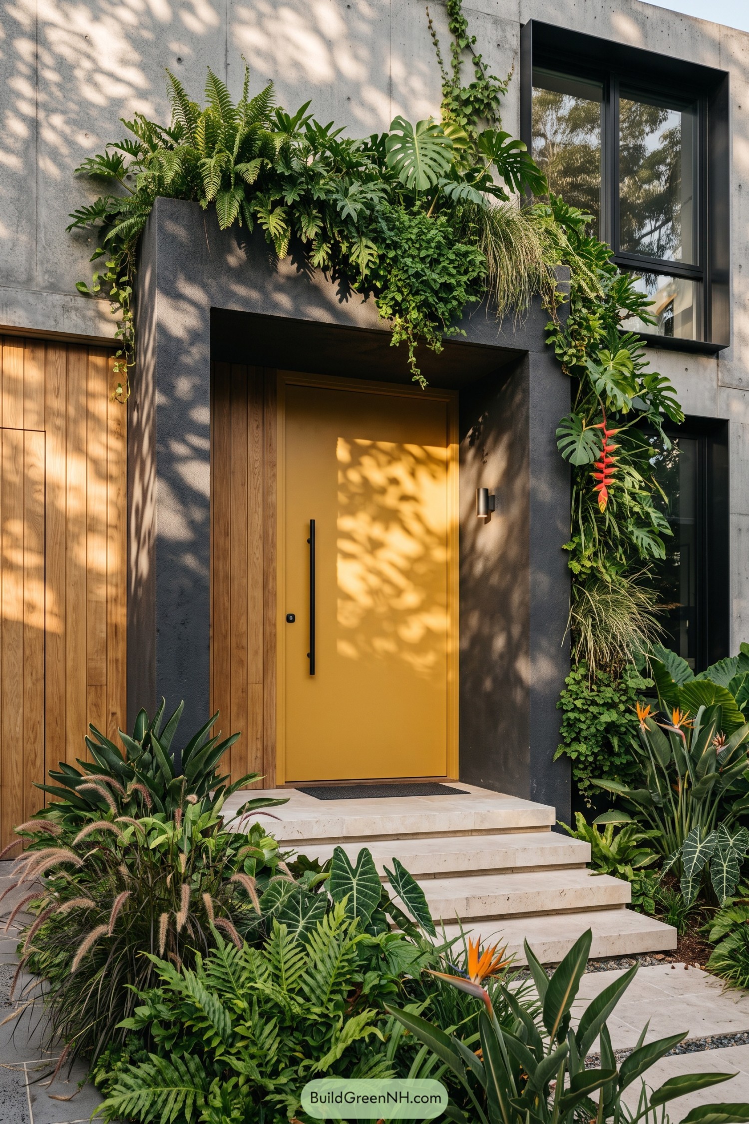 Ochre entry door framed by lush vertical planting