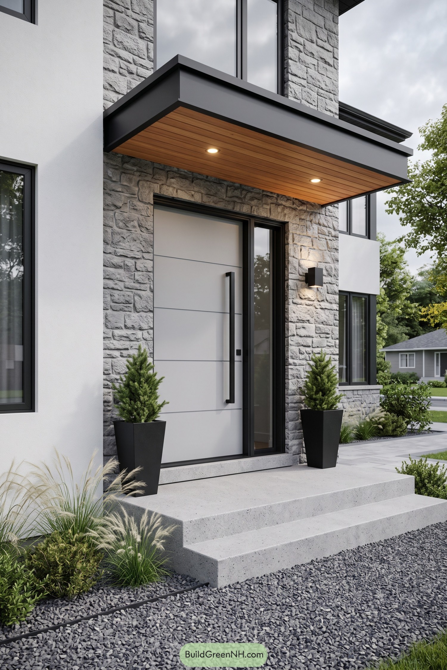 Modern pale gray front door with stone cladding and wood soffit canopy