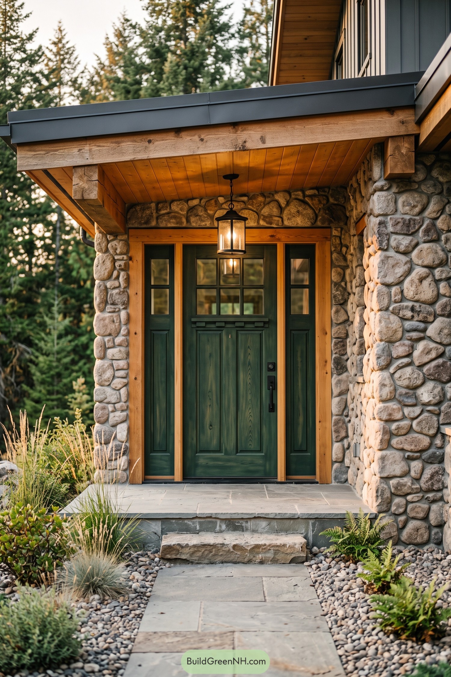 Deep green glazed entry door framed by stone and timber