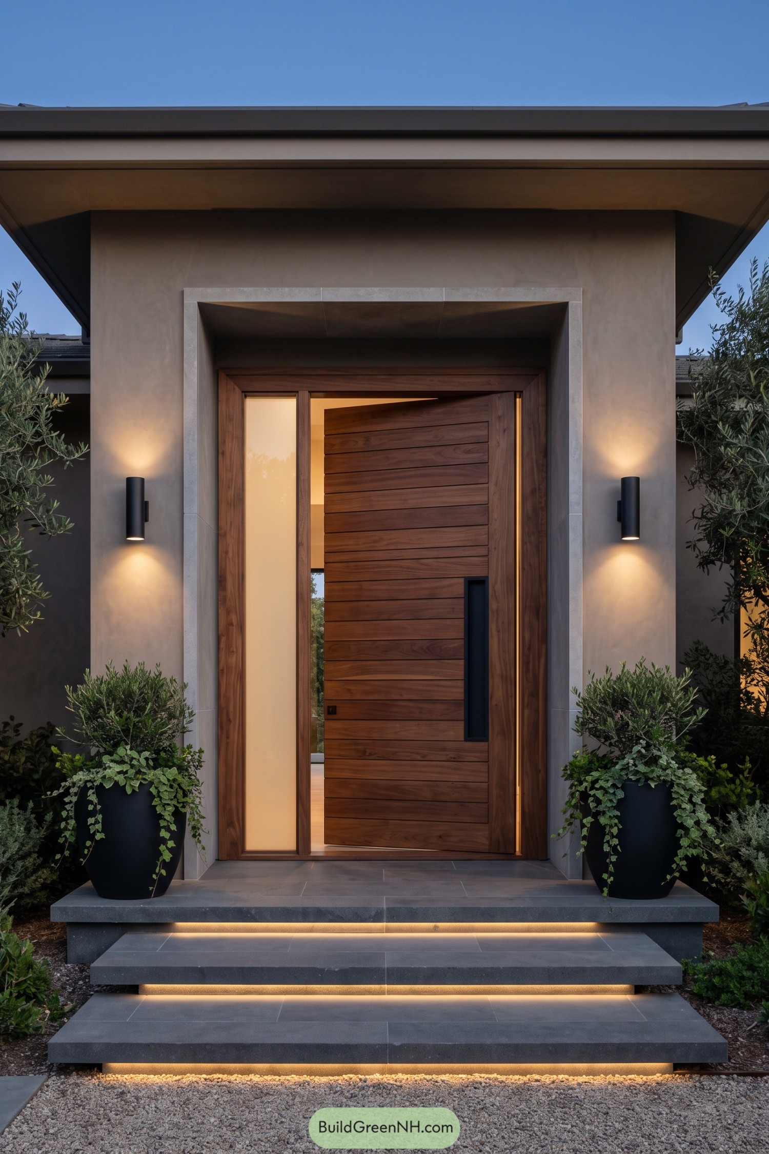 Walnut slatted entry door with glowing sidelight