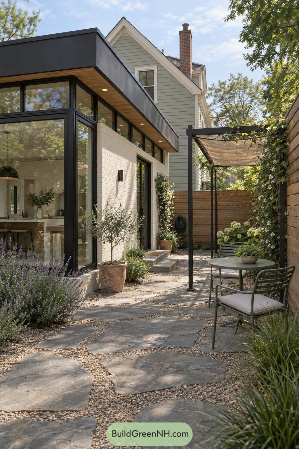 Flat roof glass extension beside a planted stone patio