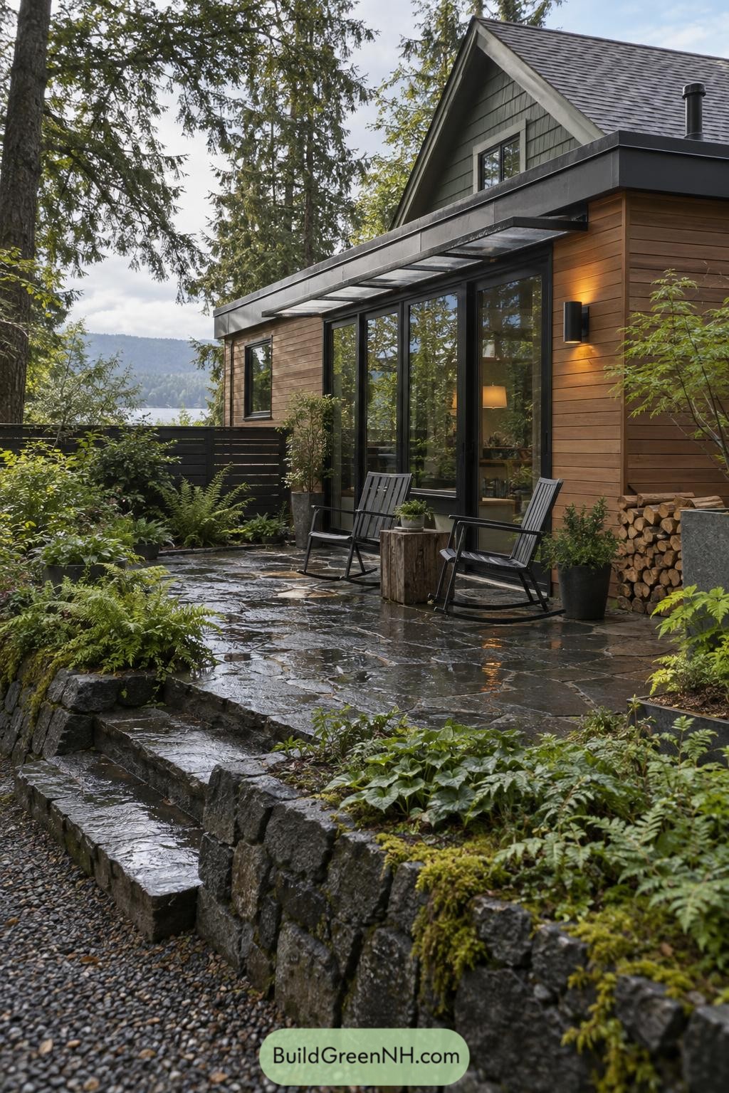 Wood-clad flat roof extension with a stone patio beside a wooded lake