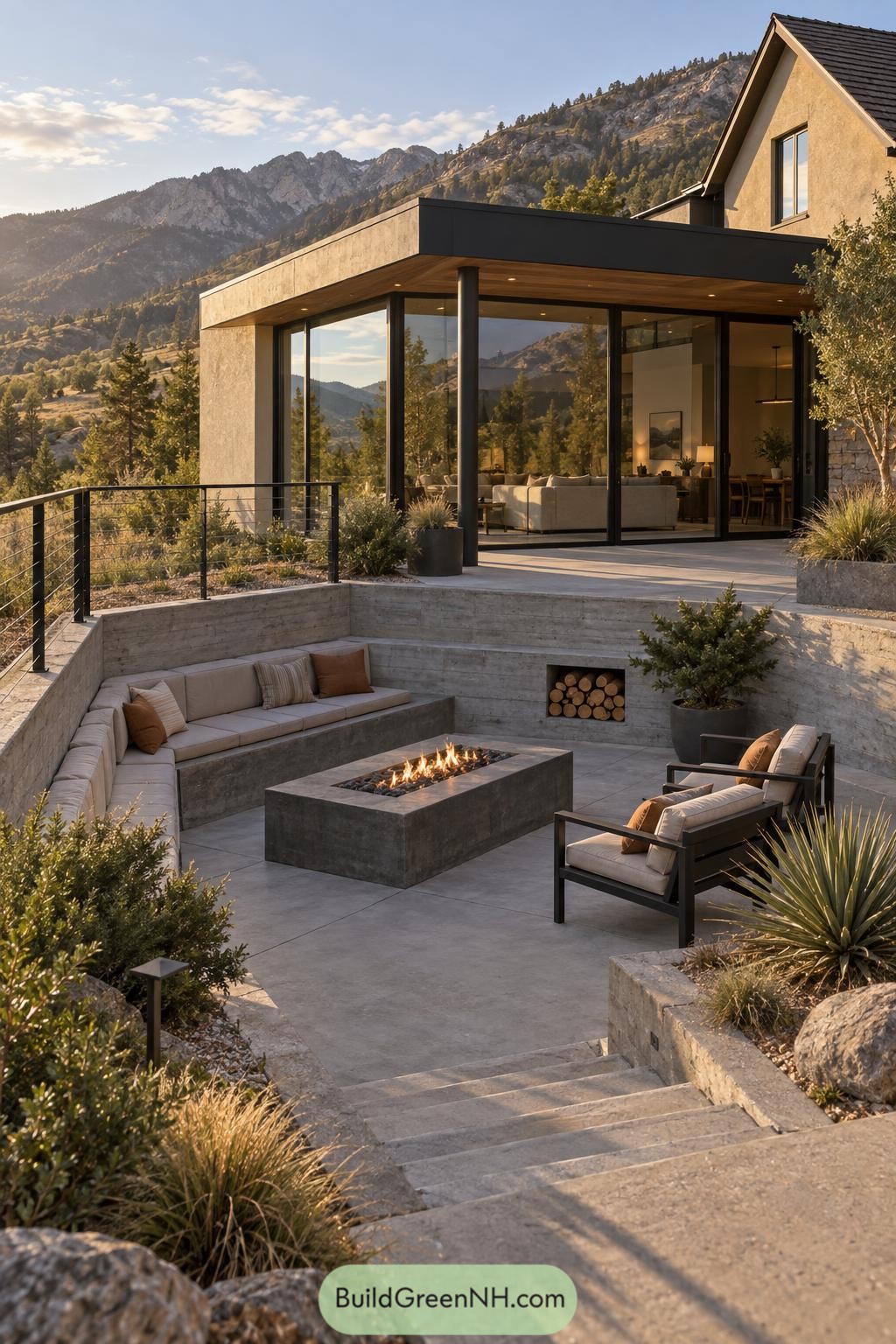 Flat roof glass extension overlooking a sunken mountain fire terrace