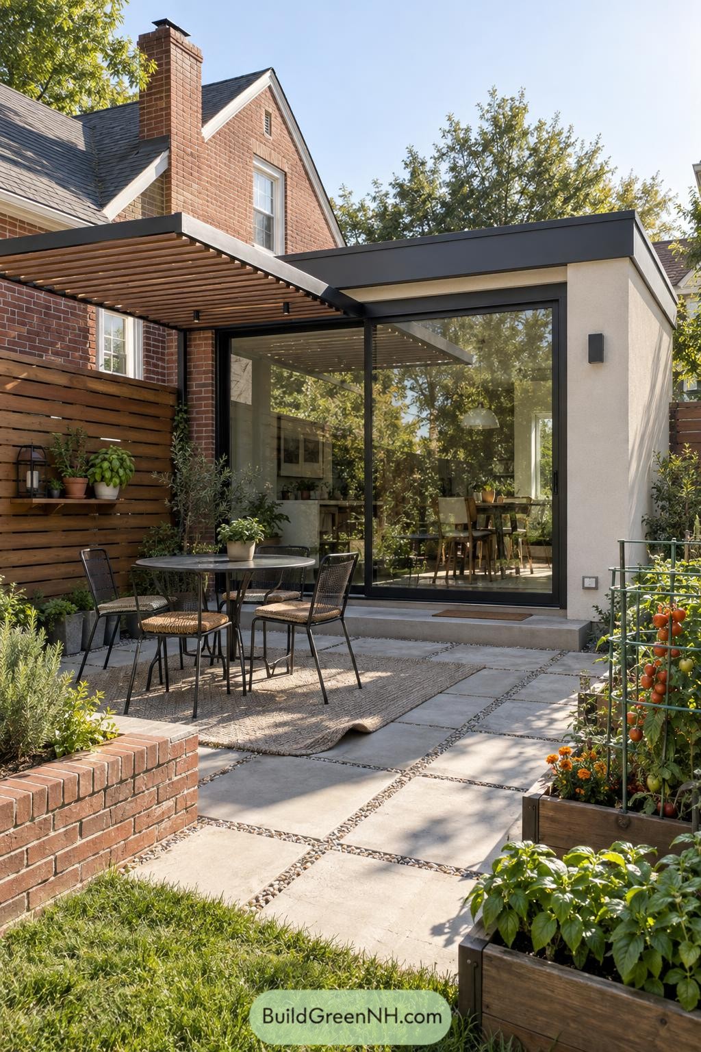 Modern flat roof extension with glazed doors and timber pergola