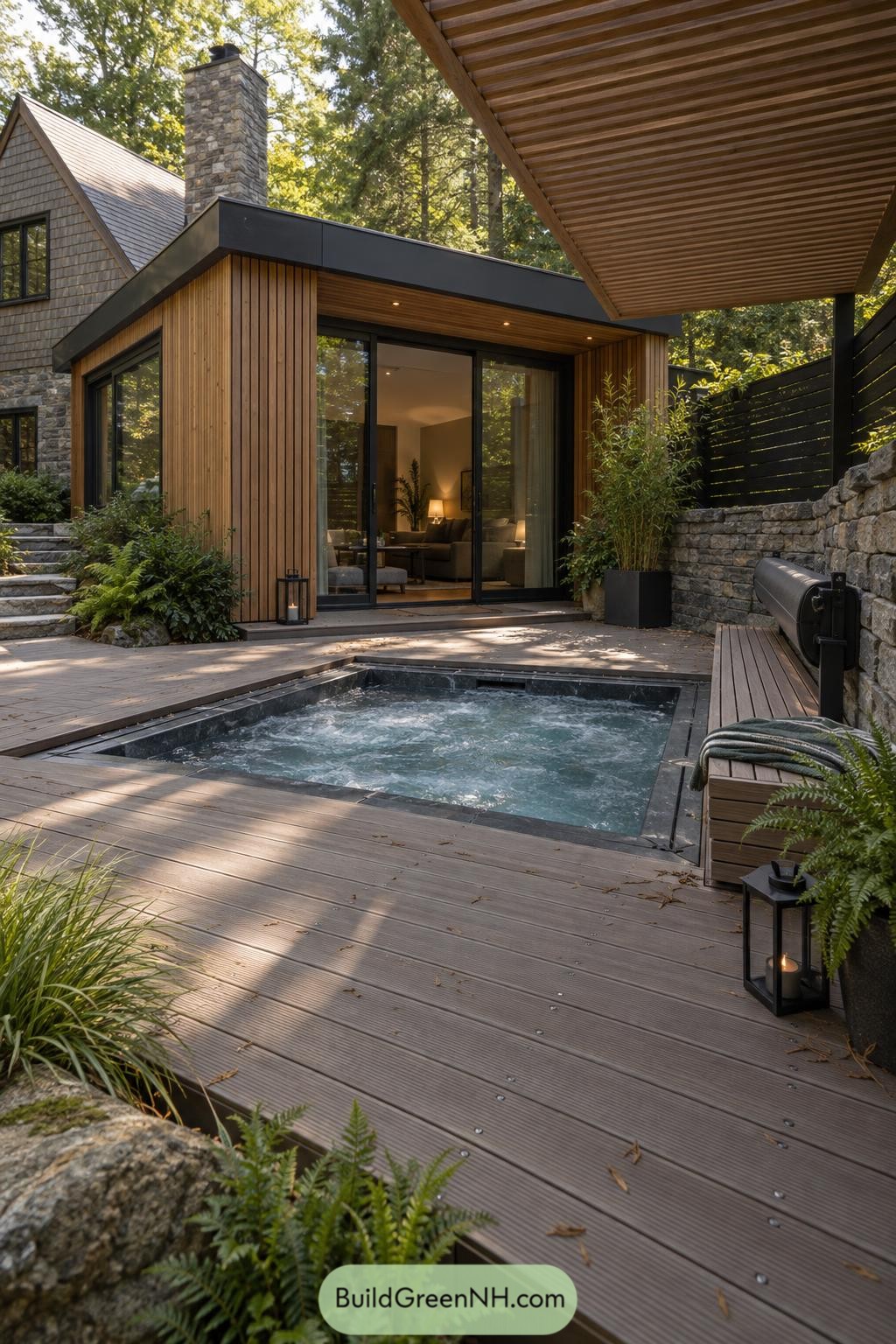 Cedar-clad extension beside a sunken spa deck