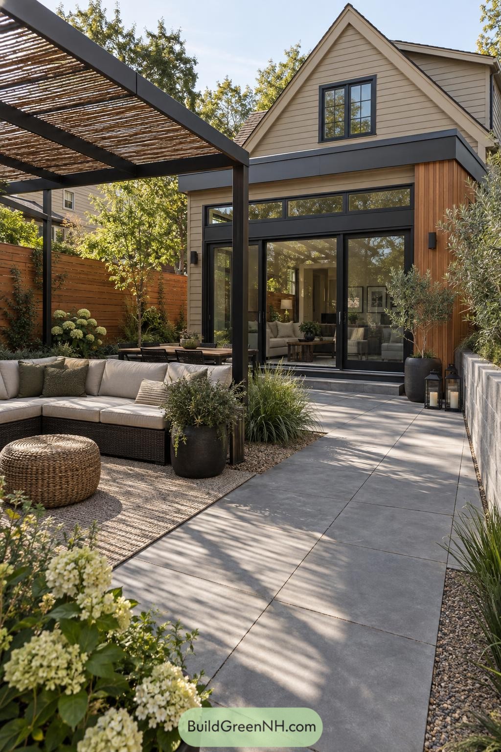 Modern rear extension with pergola and garden patio