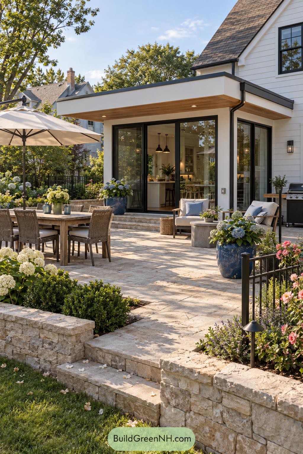 Flat roof kitchen extension opening onto a landscaped limestone patio