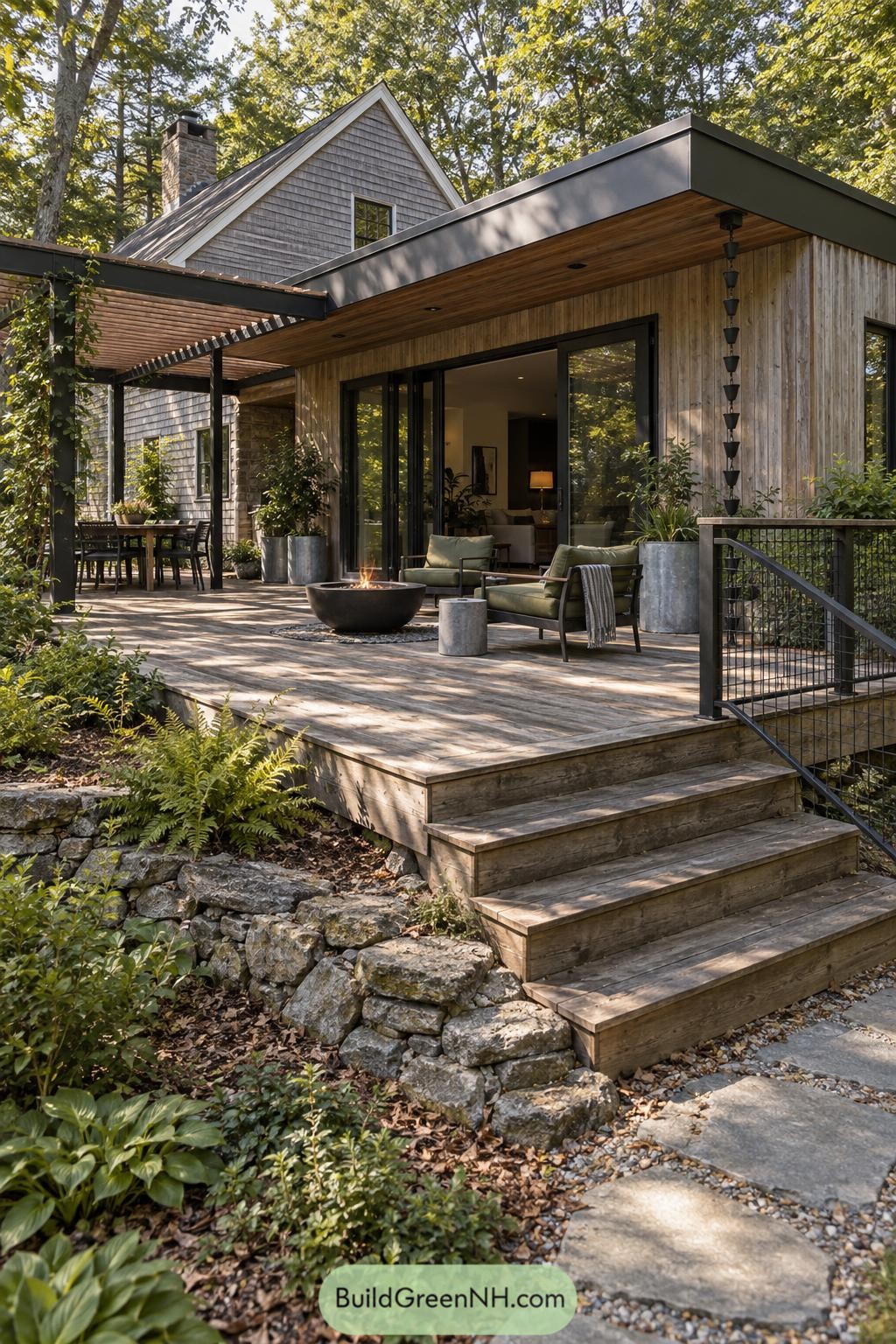 Modern timber extension with pergola terrace and fire bowl