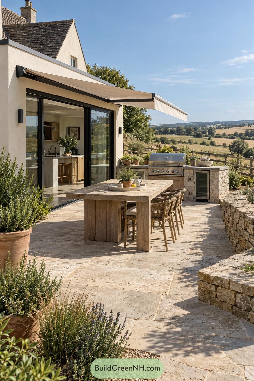 Flat roof kitchen extension opening onto a stone terrace
