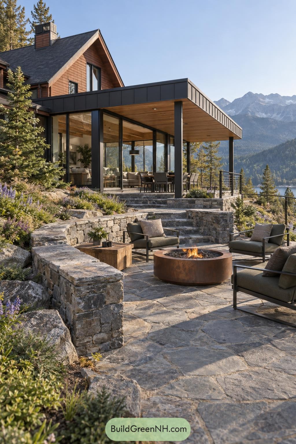 Flat roof glass pavilion with stone fire terrace overlooking mountains