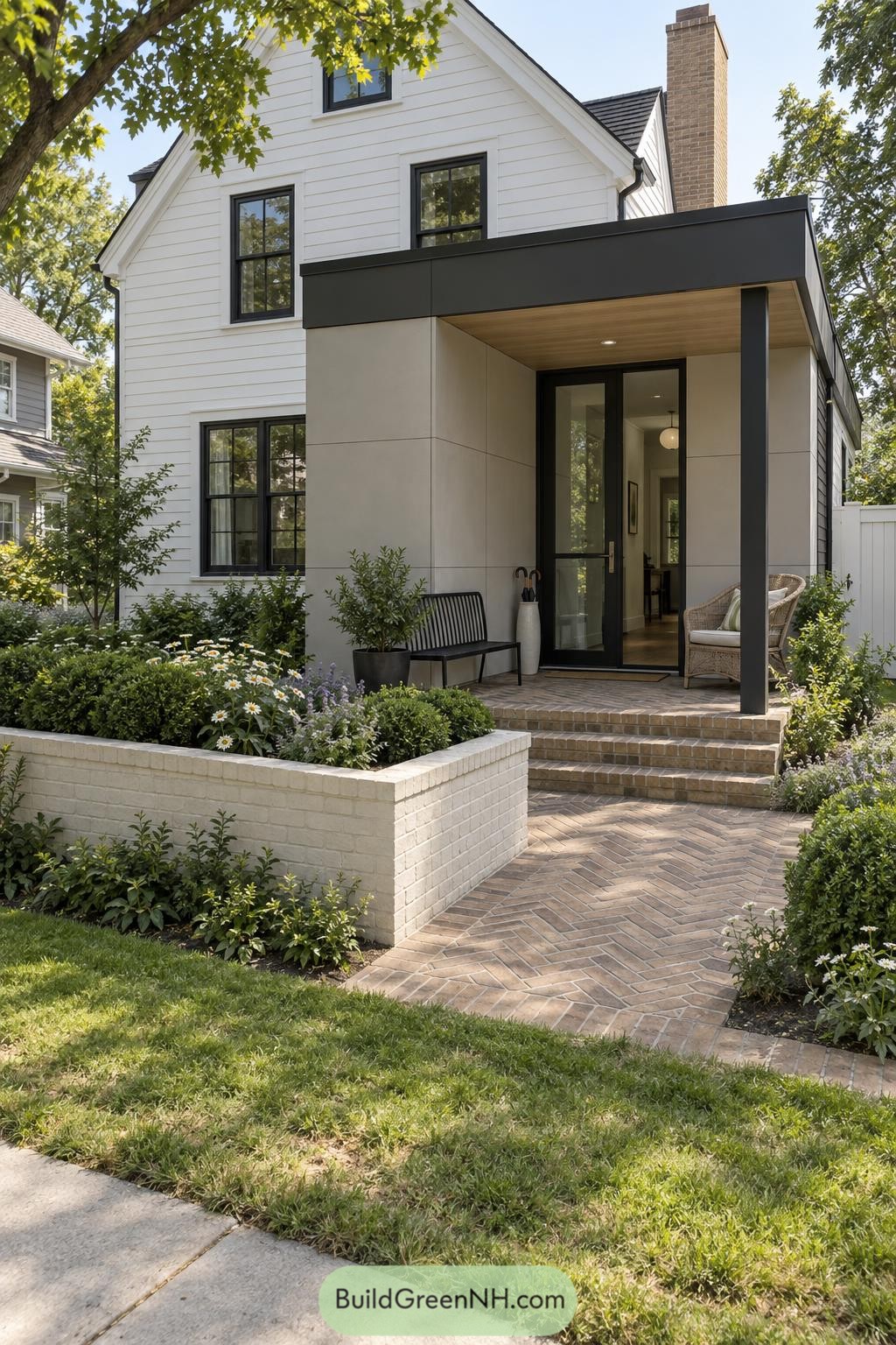 Modern flat roof entry extension beside a white gabled home
