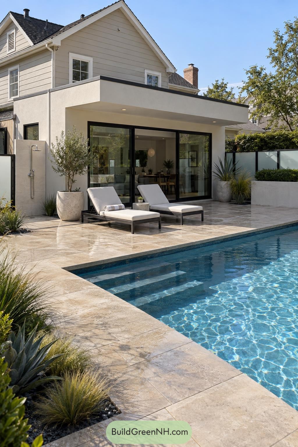 Modern flat roof extension opening onto a pool terrace