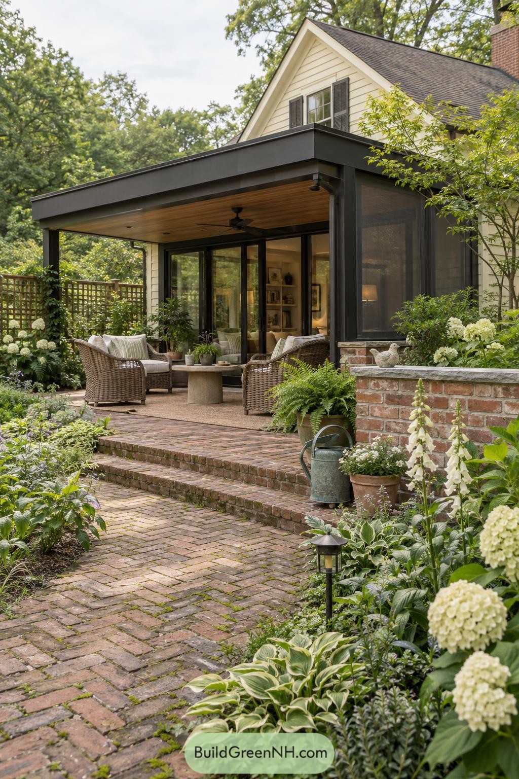 Flat roof veranda with screened walls beside a brick garden patio