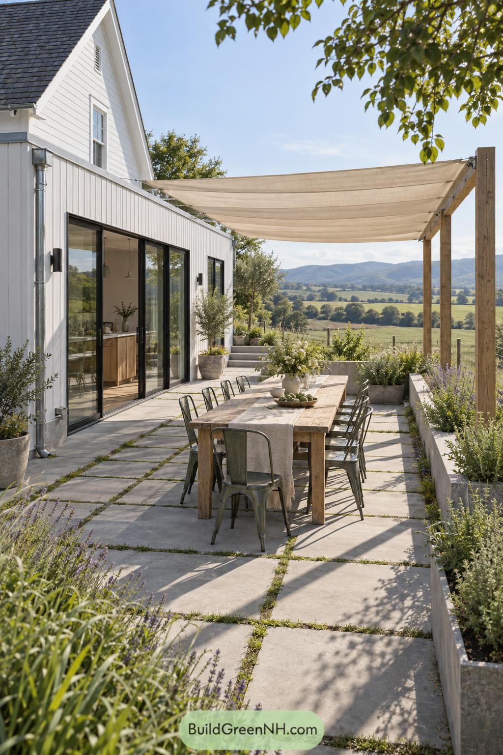 Timber canopy over a paved countryside dining terrace