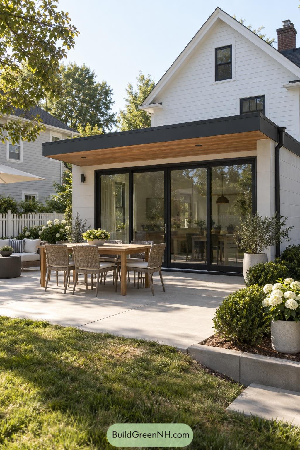 White rear extension with flat roof canopy and glazed doors opening to a patio