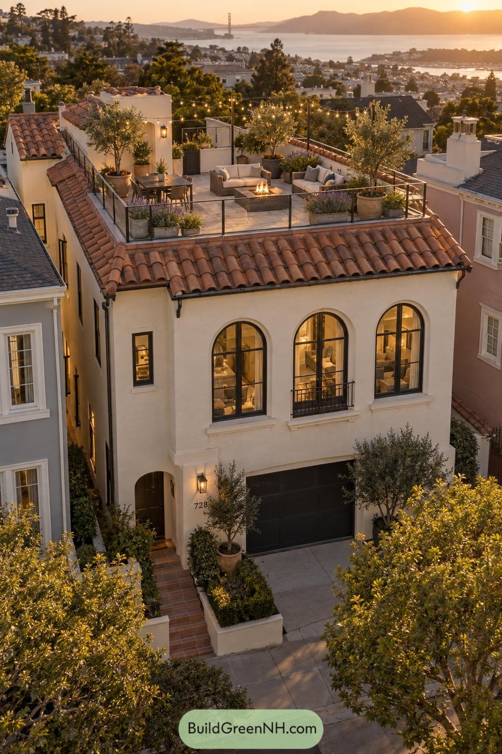 Mediterranean home with planted roof terrace overlooking the bay