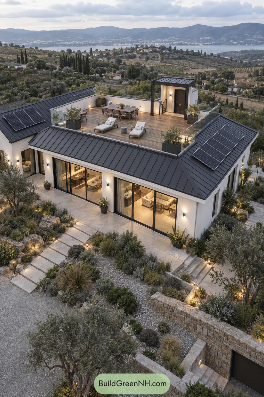 Modern villa with rooftop terrace overlooking olive groves and a lake