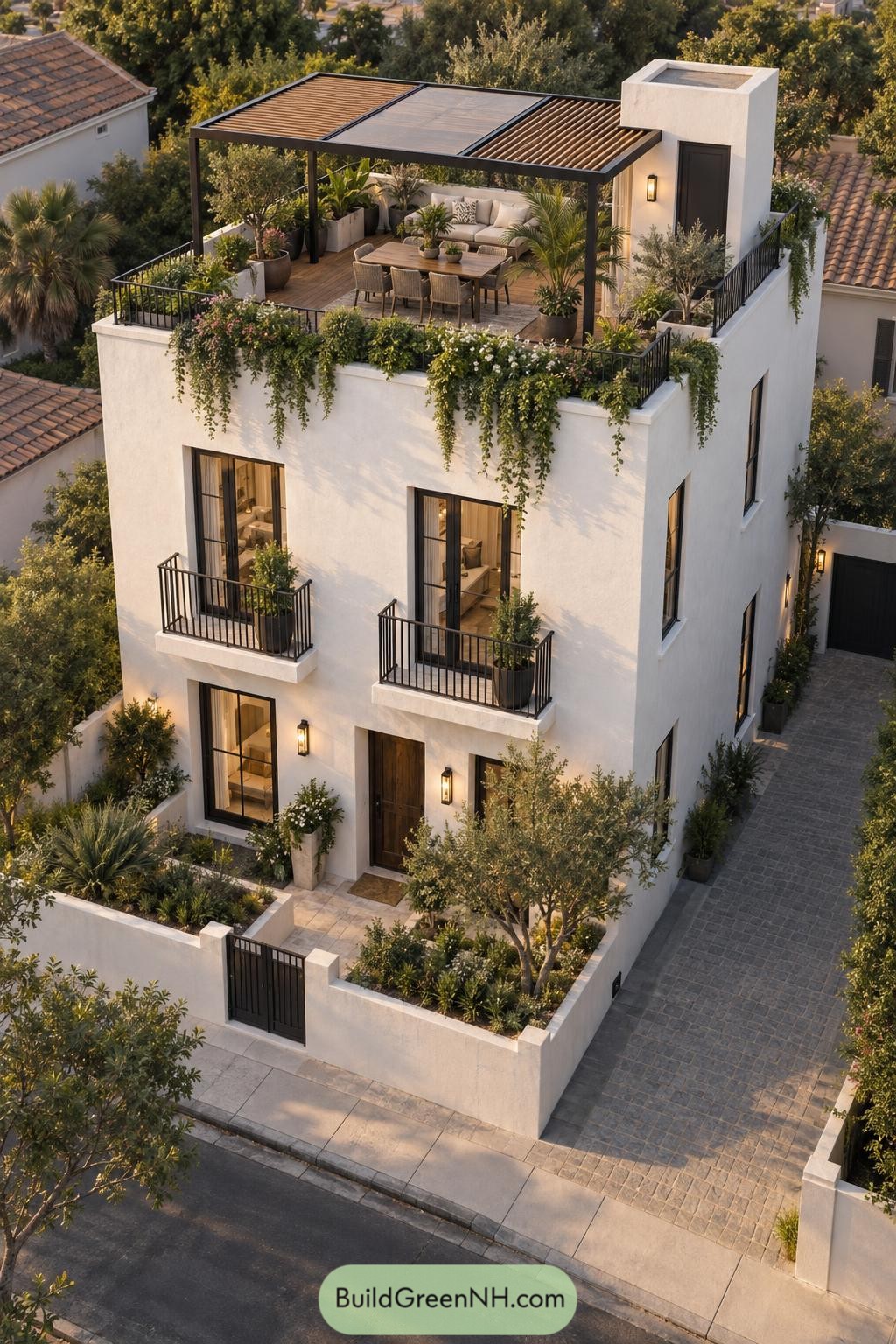 White stucco home with a lush rooftop dining terrace