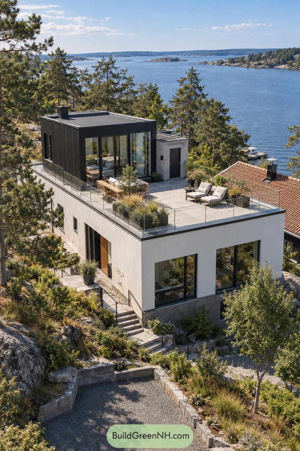 Modern hillside home with a glass-railed roof terrace overlooking pine-framed islands