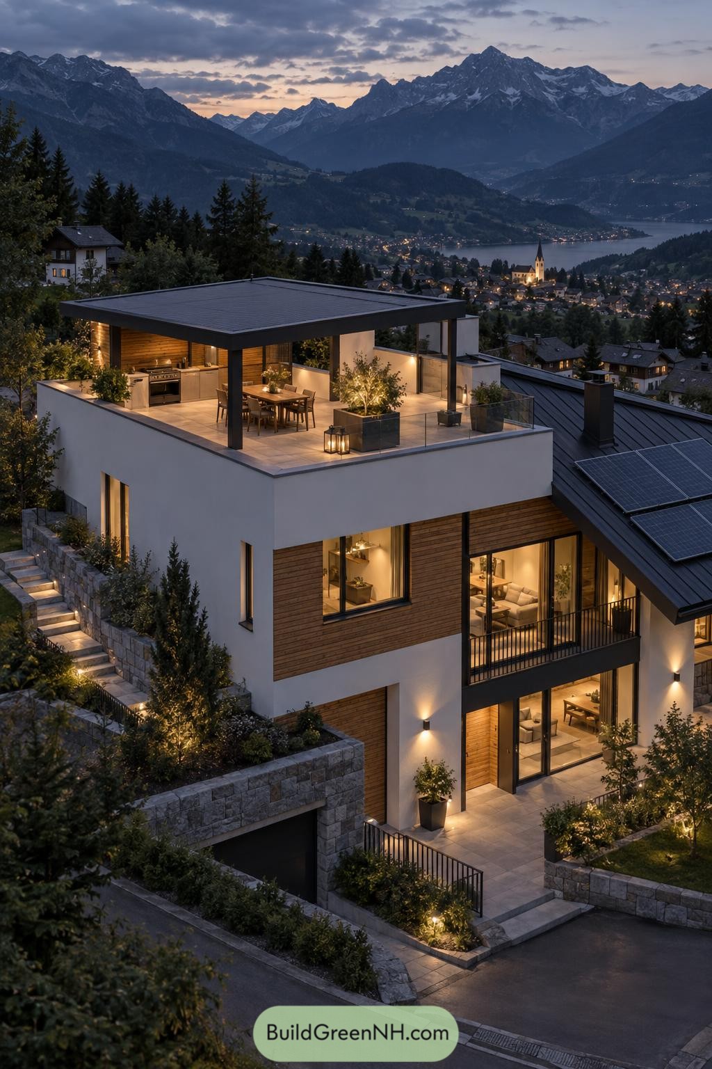 Modern hillside home with covered rooftop dining overlooking an alpine lake and village at dusk