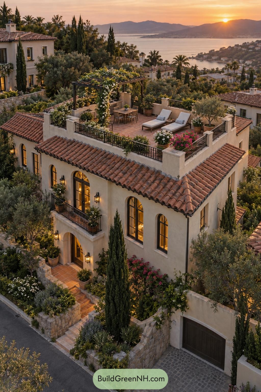 Mediterranean villa with a flowering rooftop terrace overlooking the bay at sunset