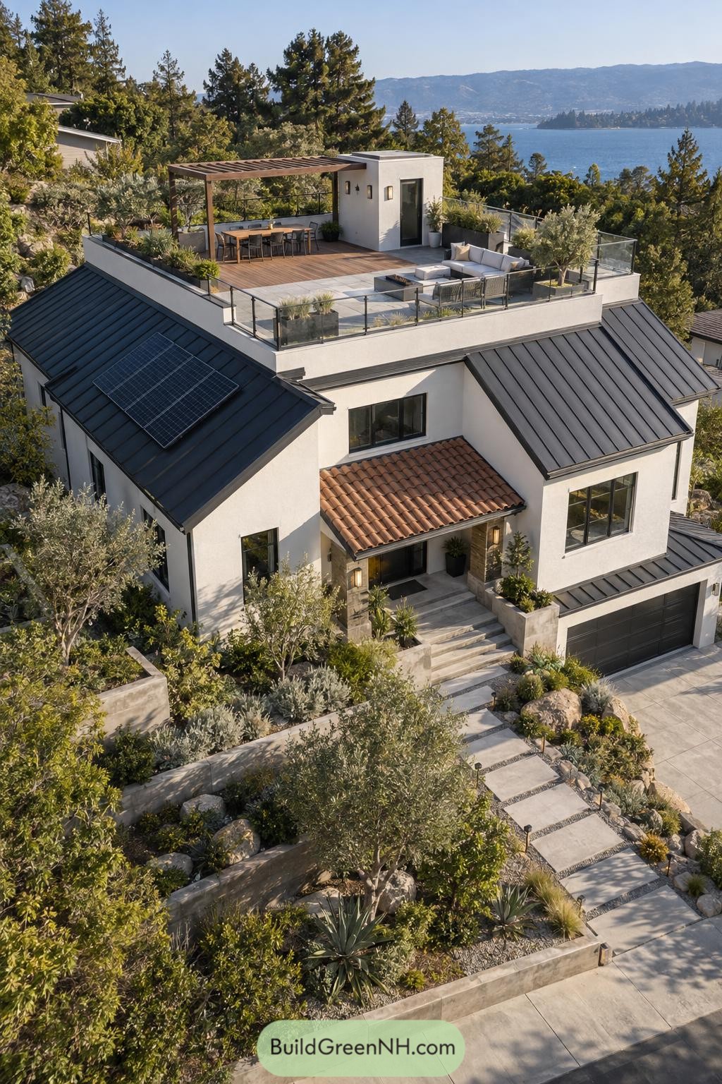 Modern hillside home with rooftop dining terrace overlooking a wooded reservoir
