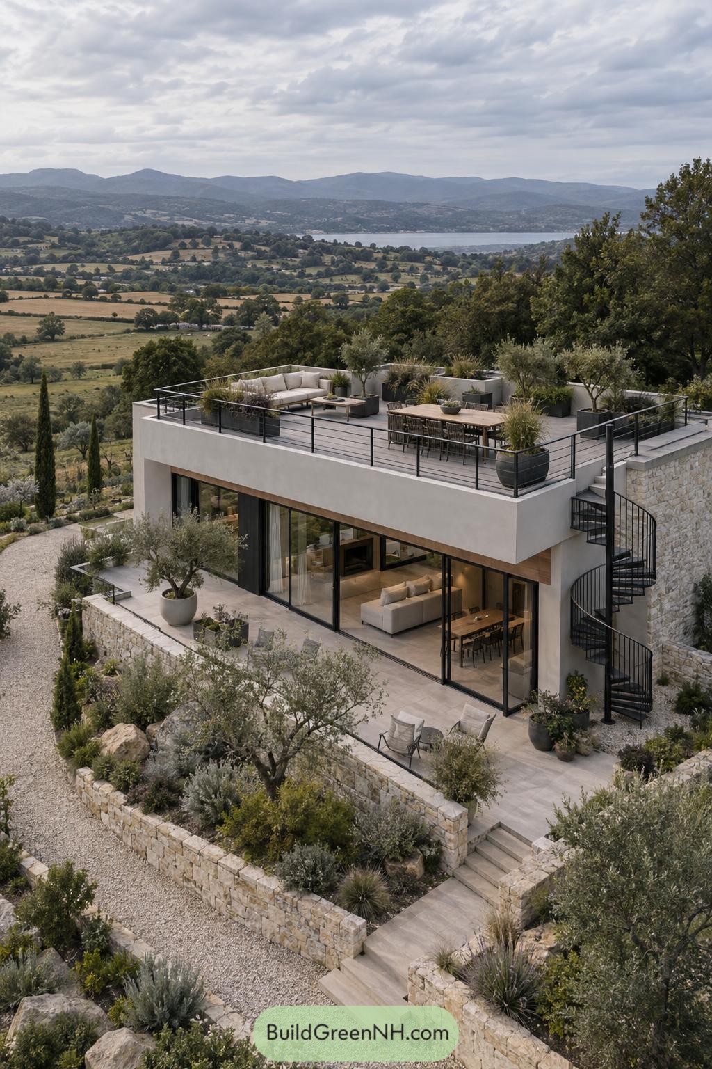 Modern hillside home with a planted roof terrace overlooking a lake valley