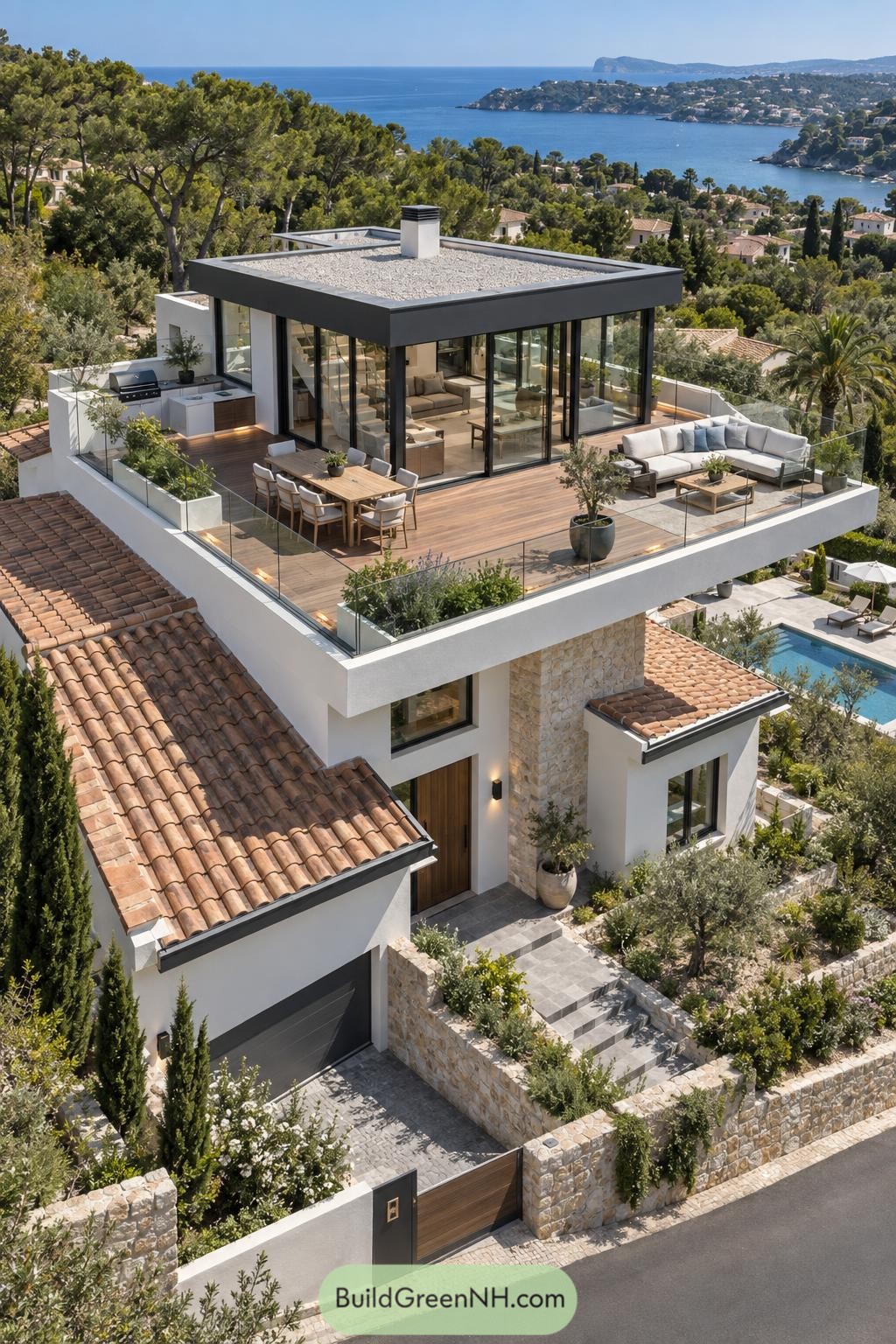 Modern villa with glass-railed rooftop terrace overlooking the sea