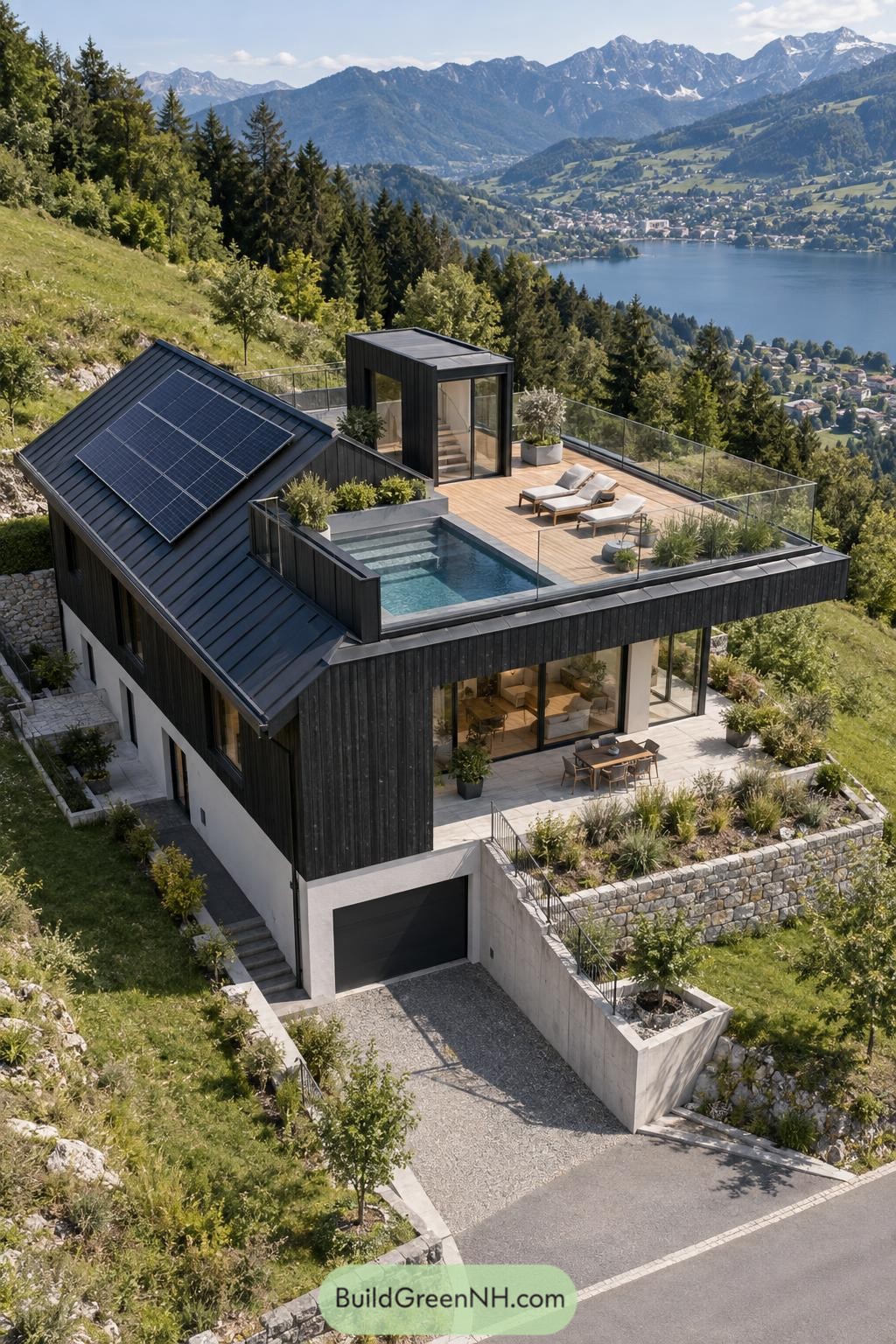 Modern hillside home with rooftop pool and mountain views
