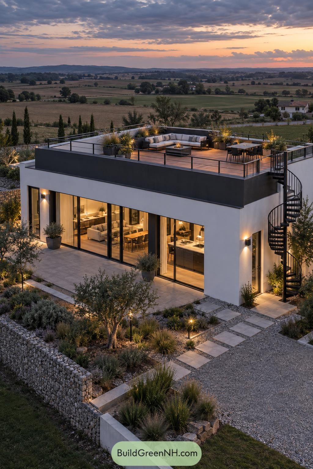 Modern home with furnished rooftop terrace overlooking farmland