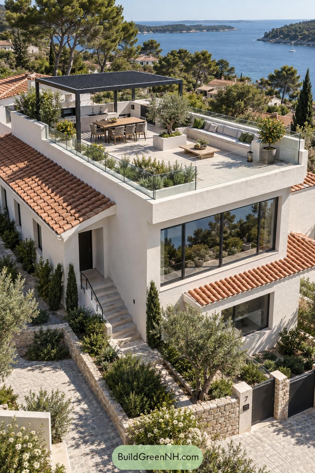 Coastal villa roof terrace with pergola dining and sea views