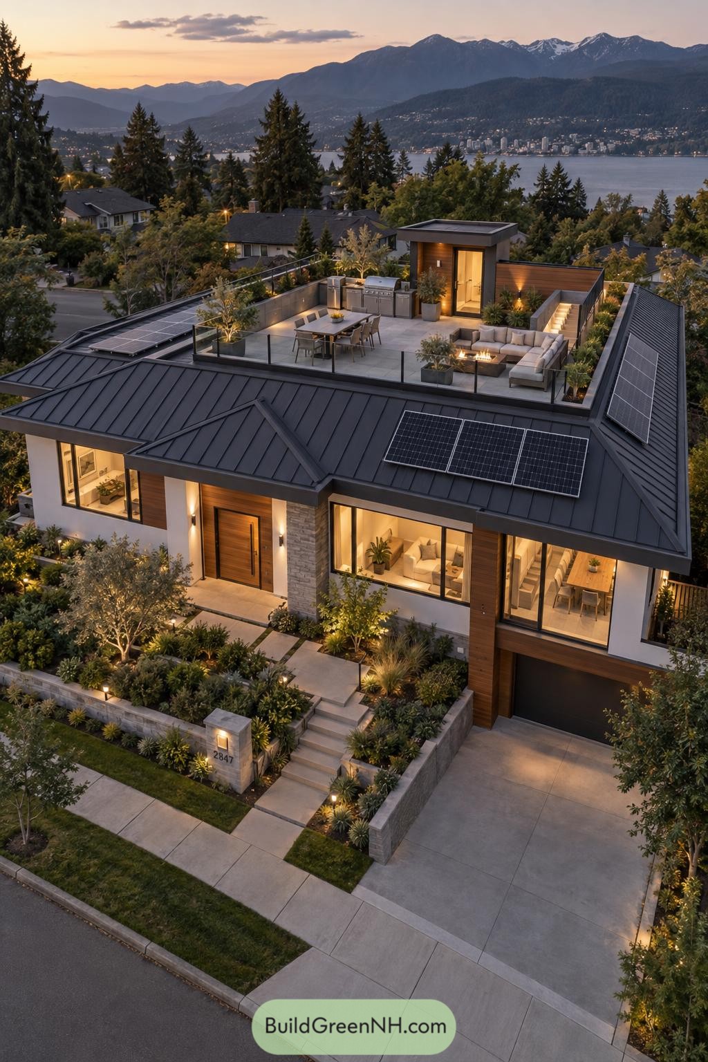 Modern hillside home with solar panels and a lakeview roof terrace