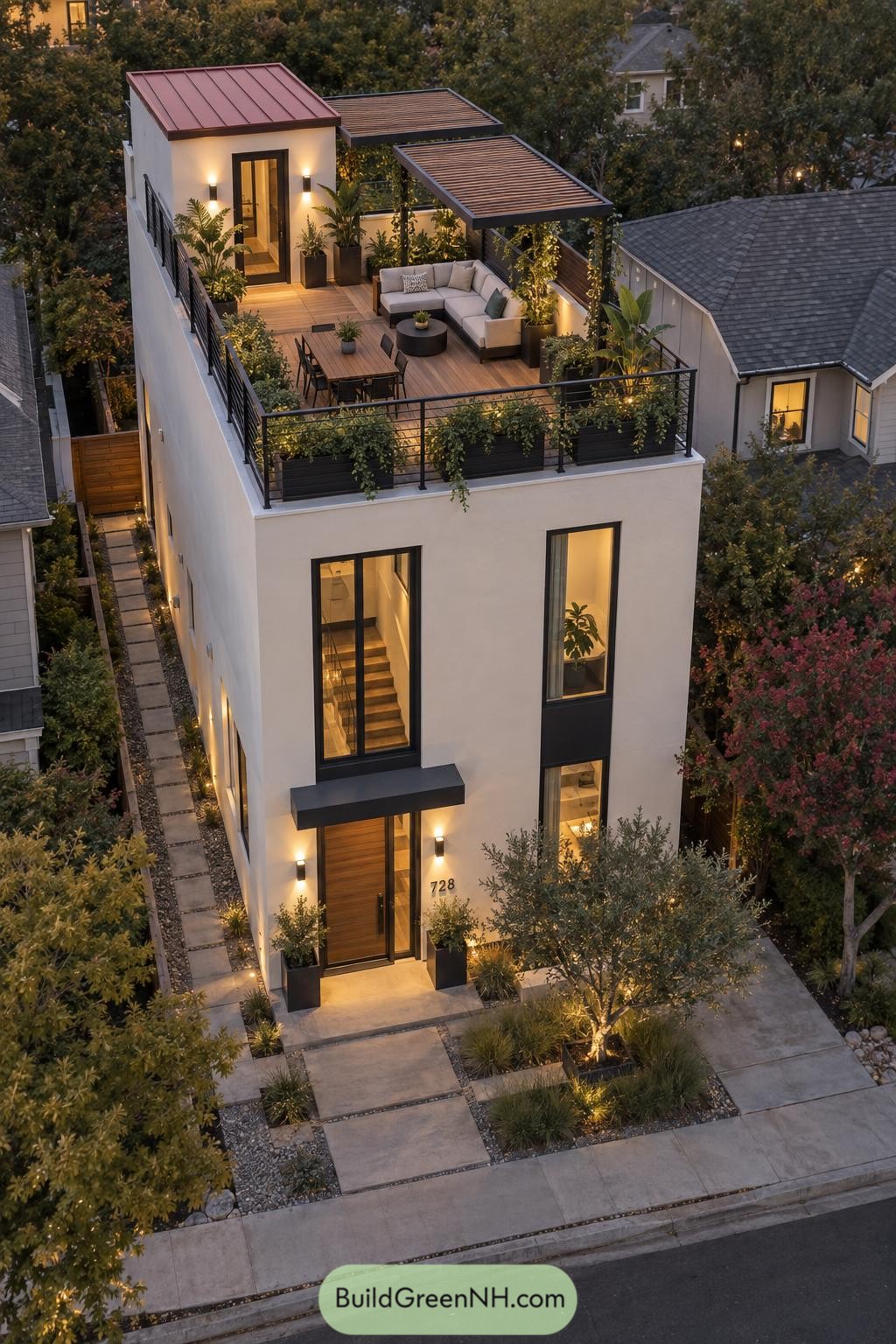 Modern townhouse with a planted rooftop lounge and pergola